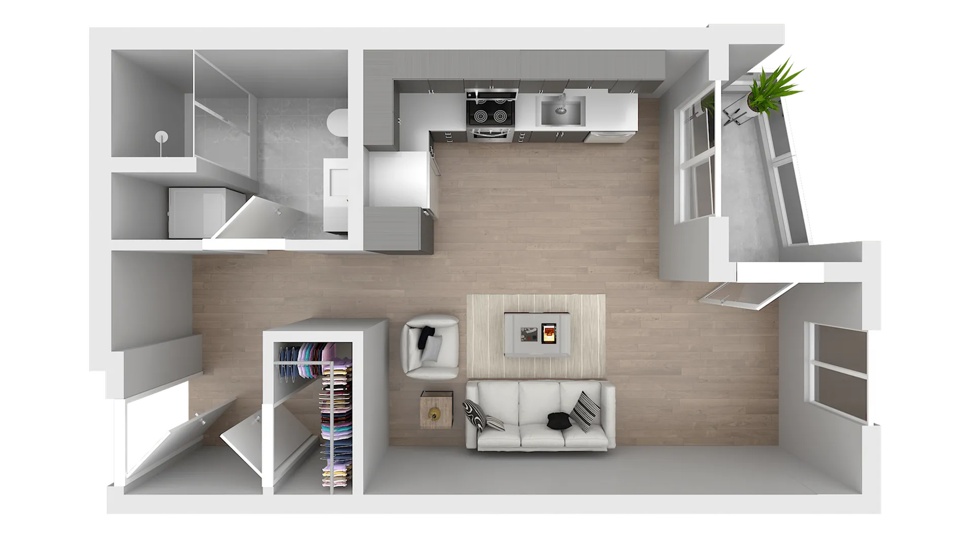 Modern open-concept floor plan featuring a spacious living room with cozy seating, a sleek kitchen with appliances, and a large bathroom with shower.