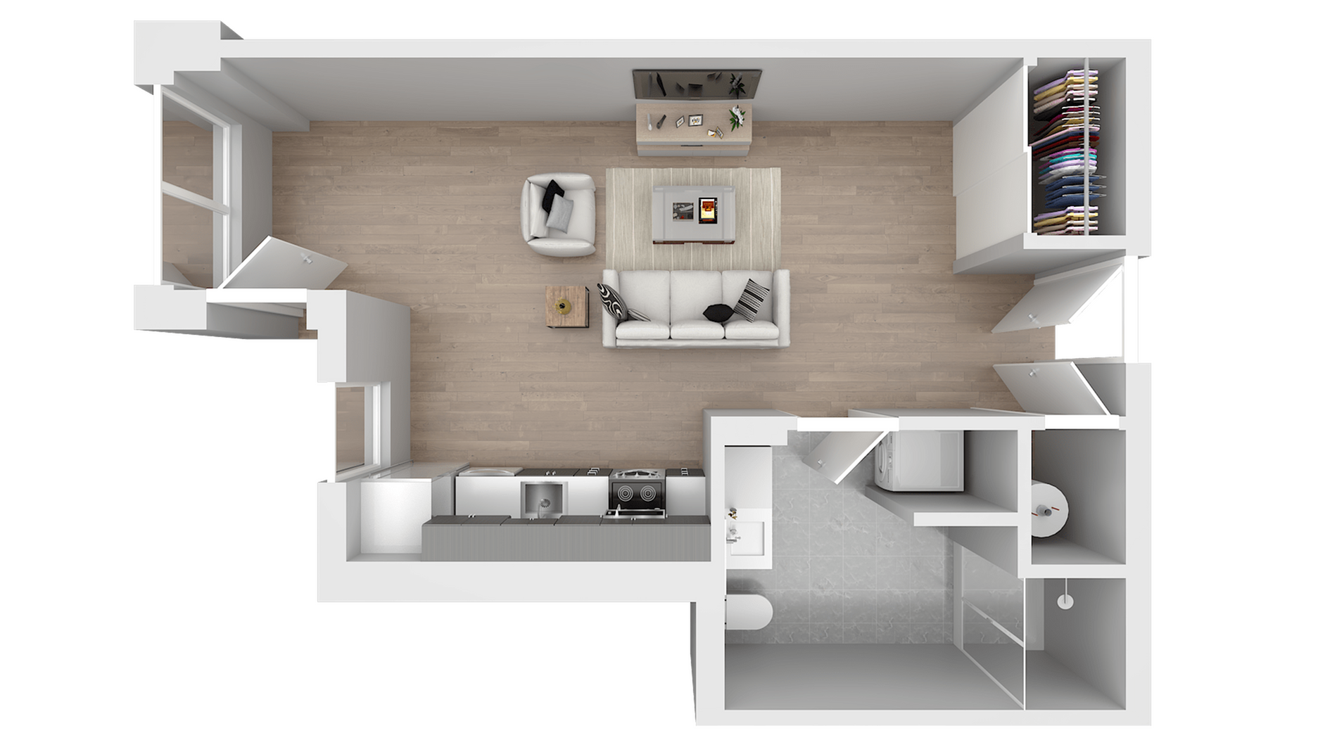 Modern open floor plan featuring a cozy living area with furniture, compact kitchen adjacent to a sleek bathroom, and spacious closet space.