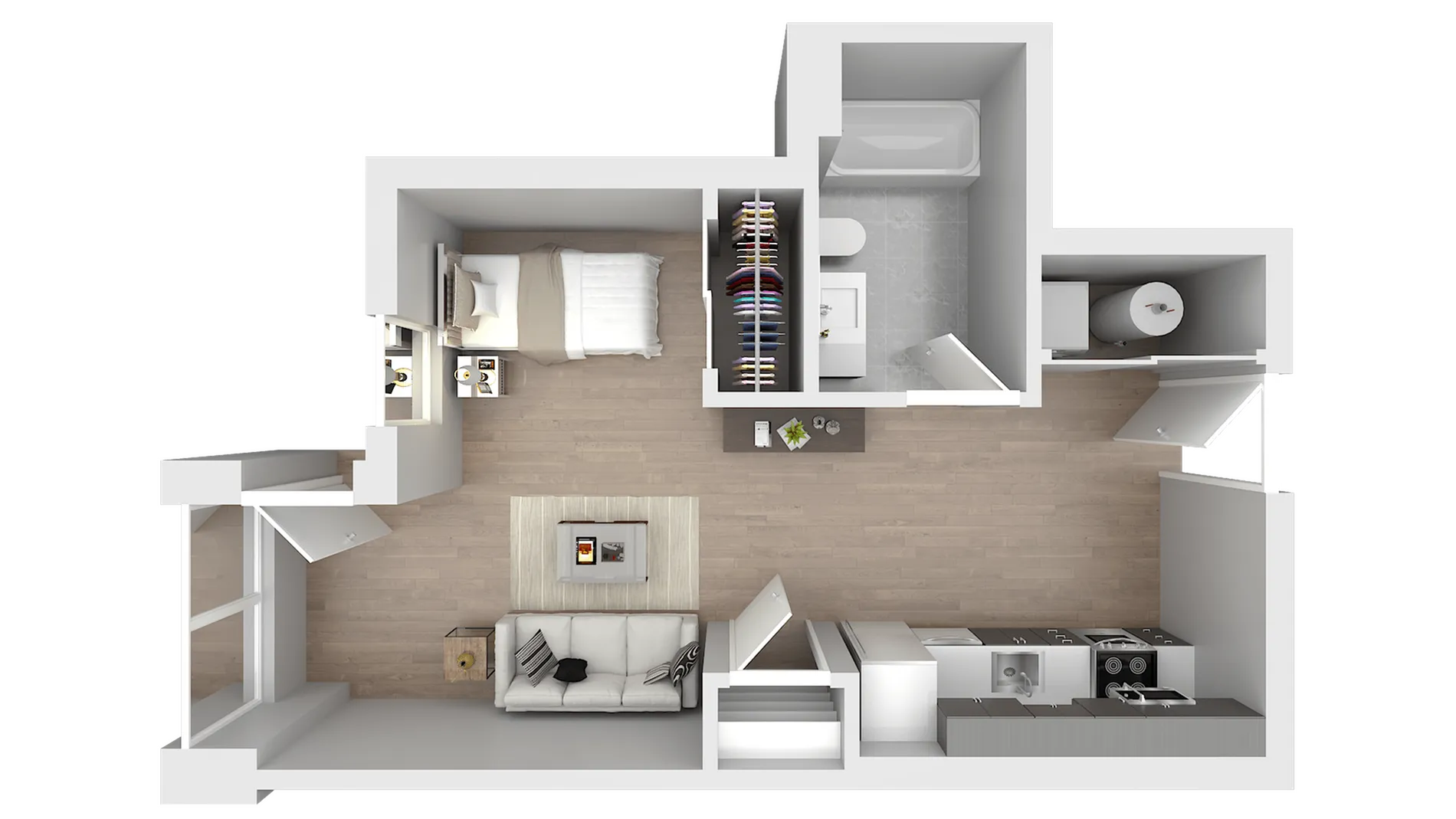 Elegant 3D floor plan showcasing a cozy single-bedroom apartment with a modern open-concept kitchen, inviting living area, and a well-designed bathroom.