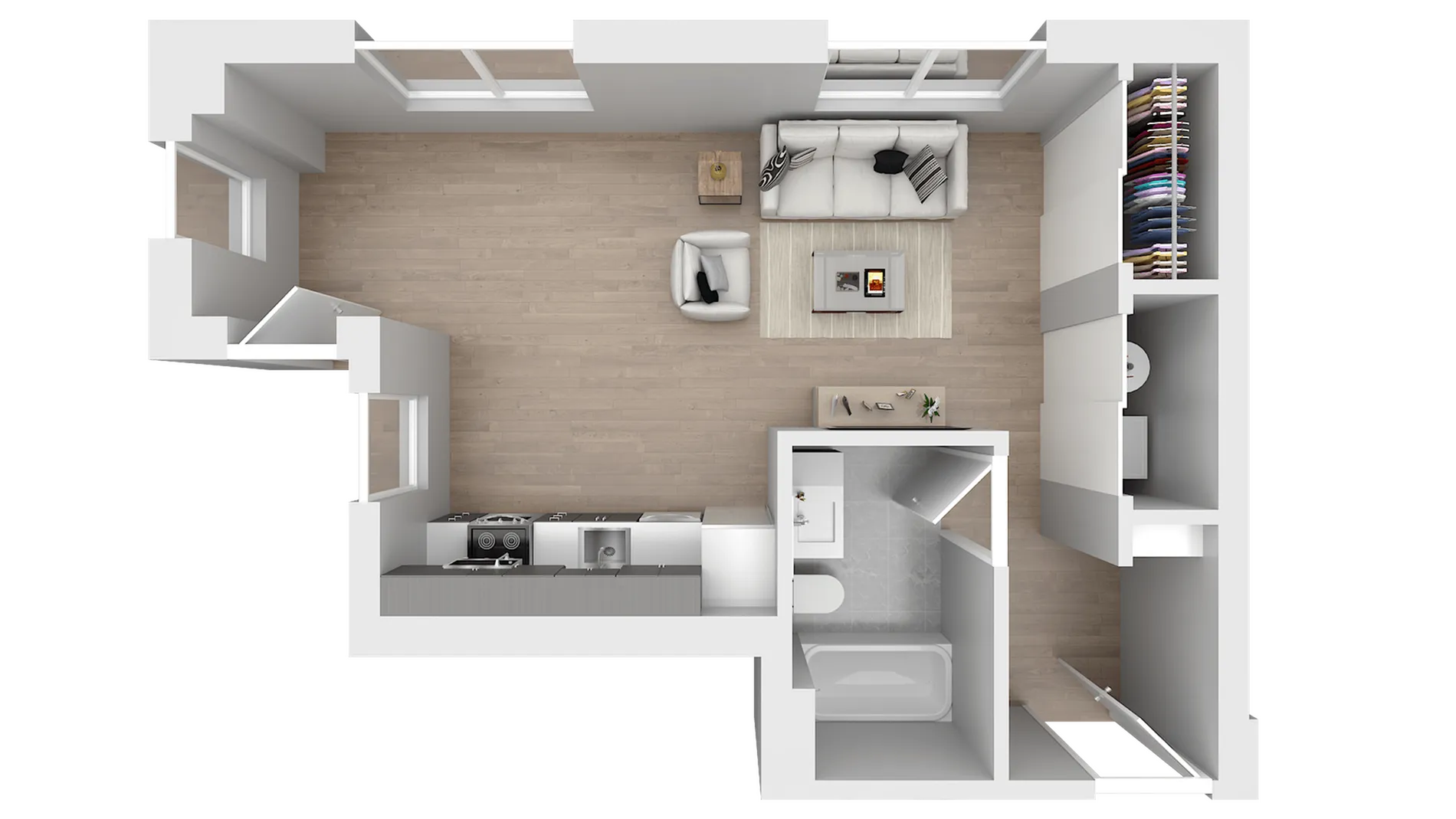 Modern floor plan illustration showcasing an airy open-concept living space, sleek kitchen, cozy seating area, and a stylish bathroom.
