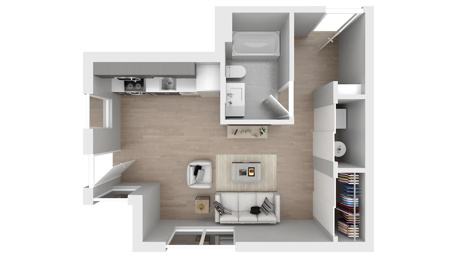 Modern open-concept floor plan showcasing a sleek kitchen, cozy living area, spacious bathroom, and ample closet space.