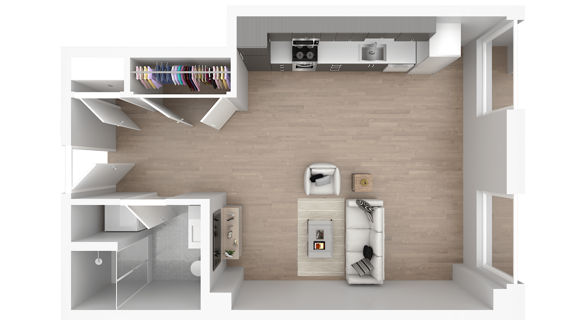 Modern open-floor plan showcasing a spacious living area, sleek kitchen, and ample closet space.