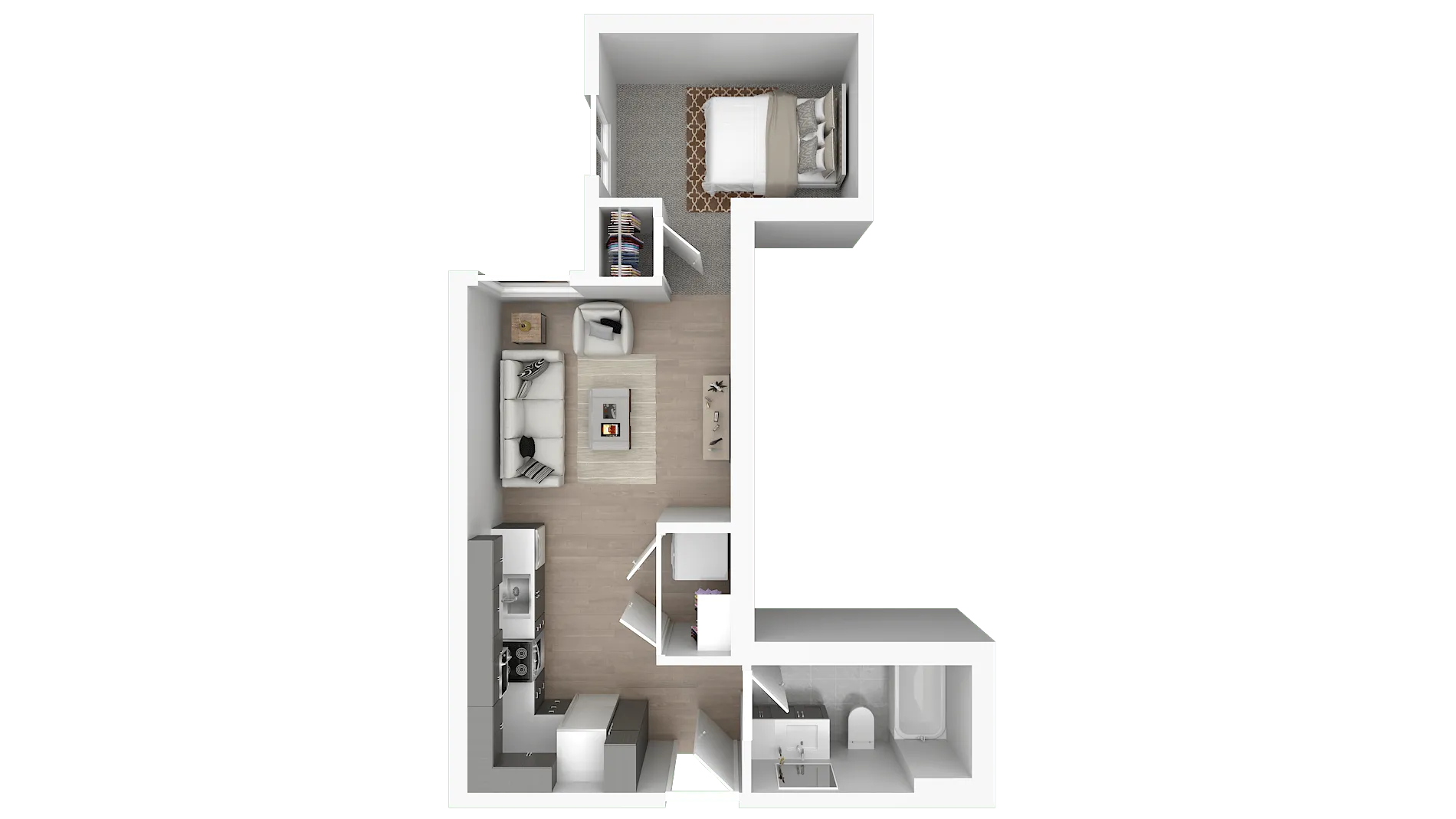 Chic 3D floor plan showcasing a cozy one-bedroom apartment with an inviting living area, modern kitchen, and sleek bathroom.