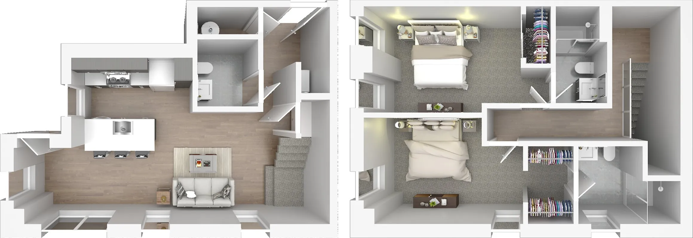 Modern two-story floor plan with a cozy living room, sleek kitchen, two spacious bedrooms, and two well-appointed bathrooms. The design includes a stylish open-concept living area and ample closet space, perfect for contemporary living.