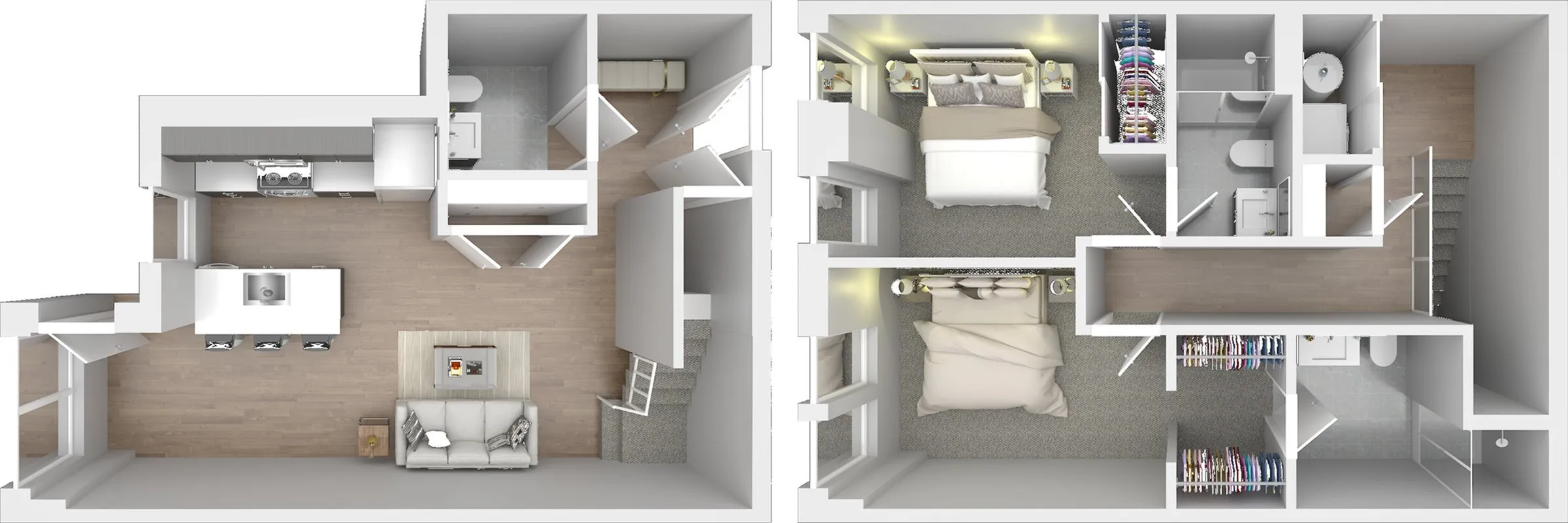 Modern open-concept 3D floor plan featuring two bedrooms, each with closet space, two stylish bathrooms, a spacious living room, and a contemporary kitchen with an island.