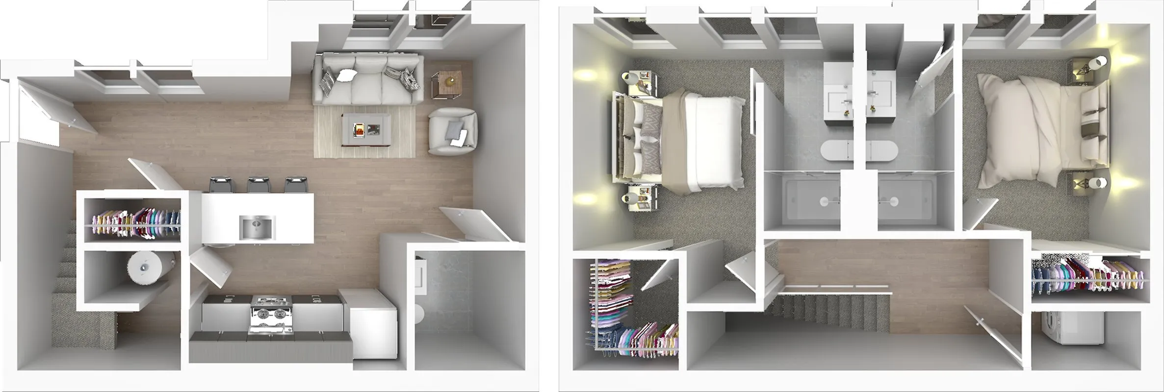 Modern two-bedroom apartment floor plan with open living area, stylish kitchen, and cozy bedrooms, featuring ample closet space and a sleek bathroom design.