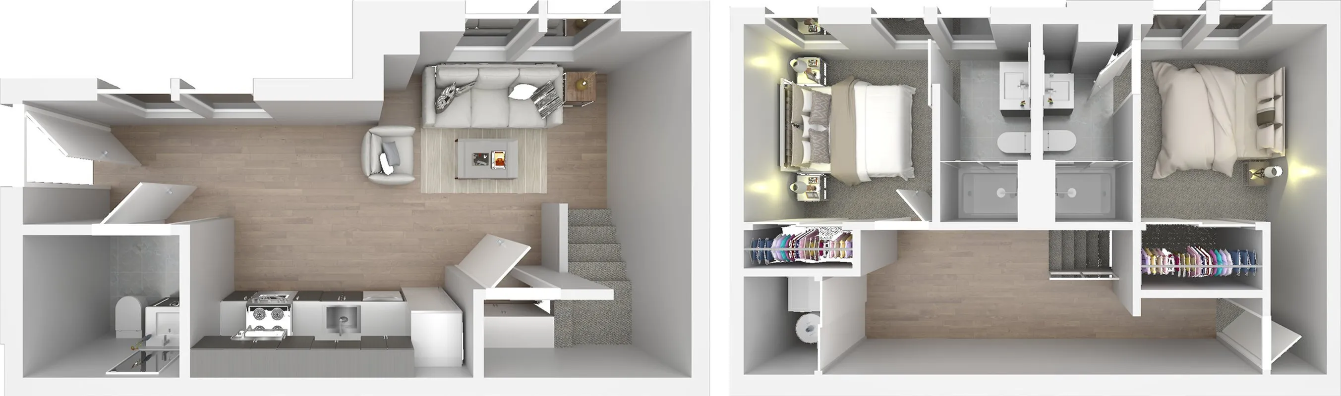 Modern 2-story floor plan highlighting a cozy living area, open-concept kitchen, and two stylishly designed bedrooms with spacious closets.