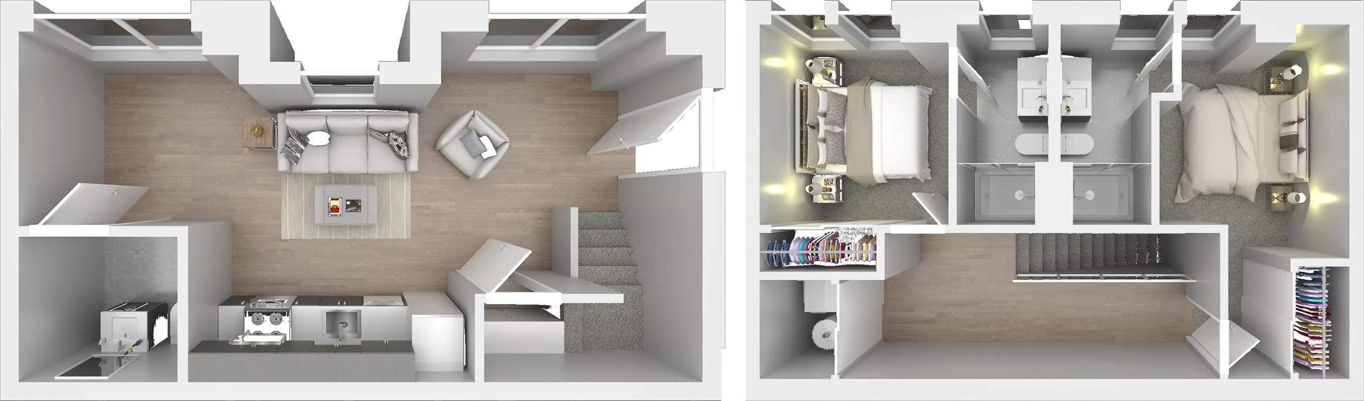 Modern 3D floor plan showcasing an elegant two-story apartment with an open-concept living area, cozy kitchen, two spacious bedrooms, and a stylish bathroom. Perfect for contemporary living.