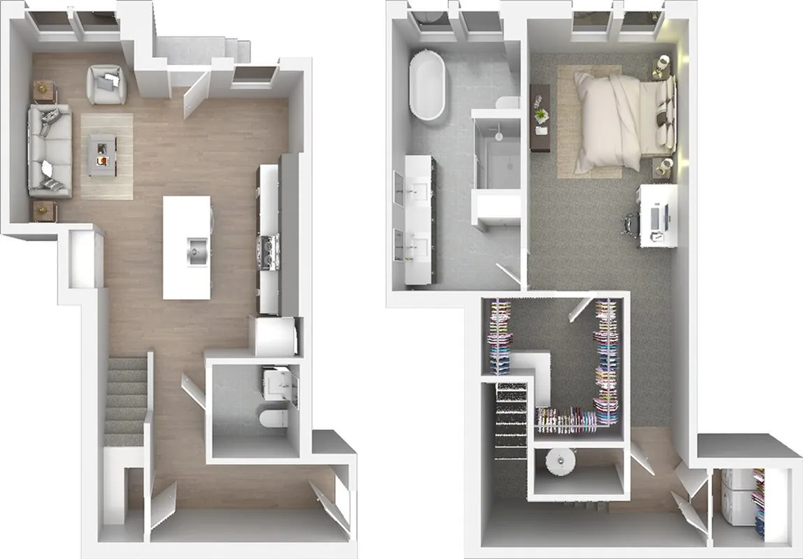 Modern duplex floor plan showcasing a spacious open-concept living room and kitchen on the first floor, with a cozy bedroom, sleek bathroom, and a walk-in closet on the second floor.
