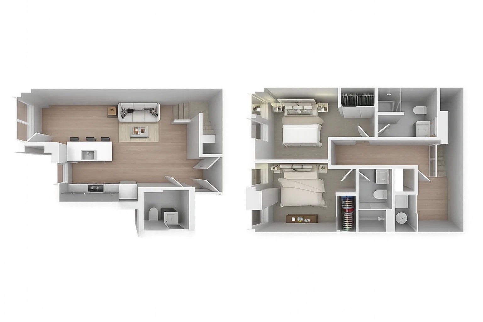 Modern two-story floor plan showcasing a spacious open-concept living area, stylish kitchen with a breakfast bar, two cozy bedrooms, and two elegant bathrooms.