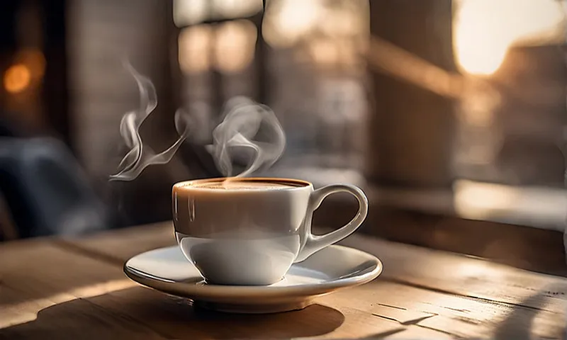 Inviting cup of steaming coffee on a sunlit wooden table, creating a warm and cozy atmosphere.