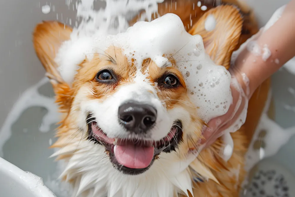 Joyful corgi enjoying a bubbly bath