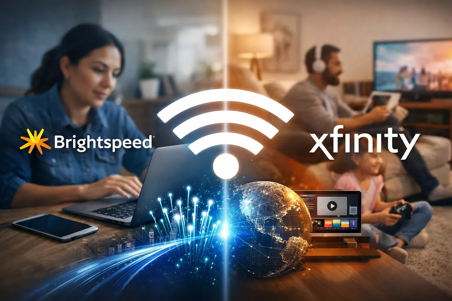 Dynamic image showcasing reliable home network with two individuals enjoying seamless internet connectivity; one working on a laptop and the other streaming media, highlighting Brightspeed and Xfinity services.