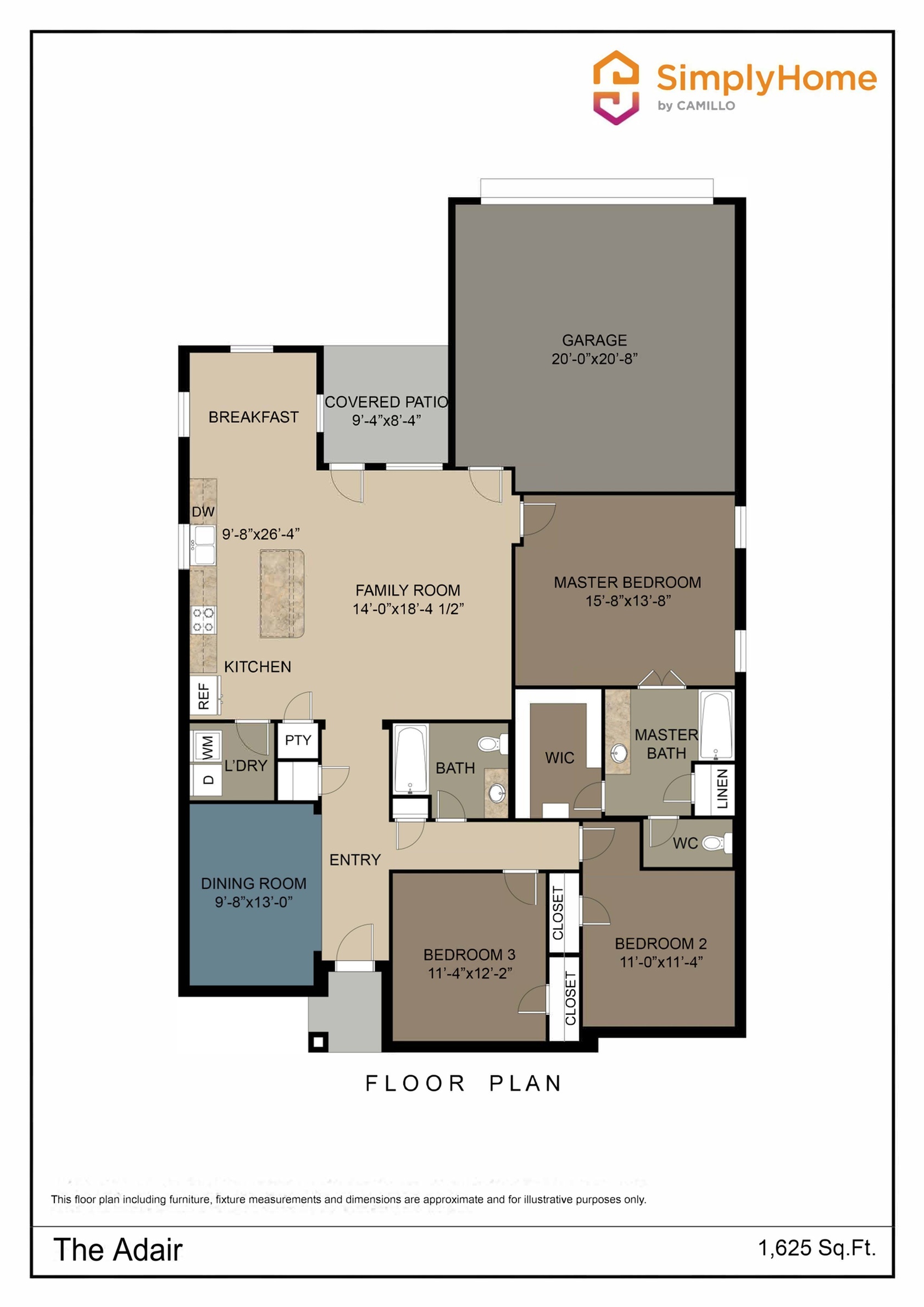 Spacious floor plan of The Adair featuring 3 bedrooms, open family room, cozy breakfast area, and garage, spread over 1,625 sq ft.
