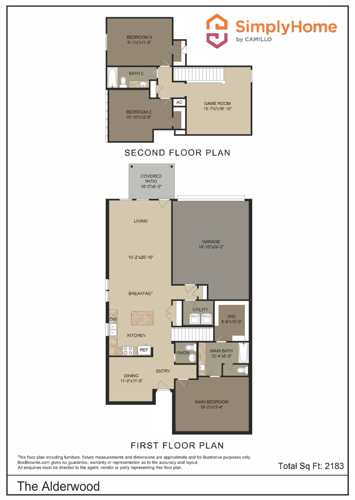 The Alderwood floor plan showcasing a spacious layout with 3 bedrooms, a game room, and a modern kitchen. Features include a cozy living room with a covered patio, a main bedroom with an ensuite bath, and a 2-car garage. Total area 2183 sq ft by SimplyHome.