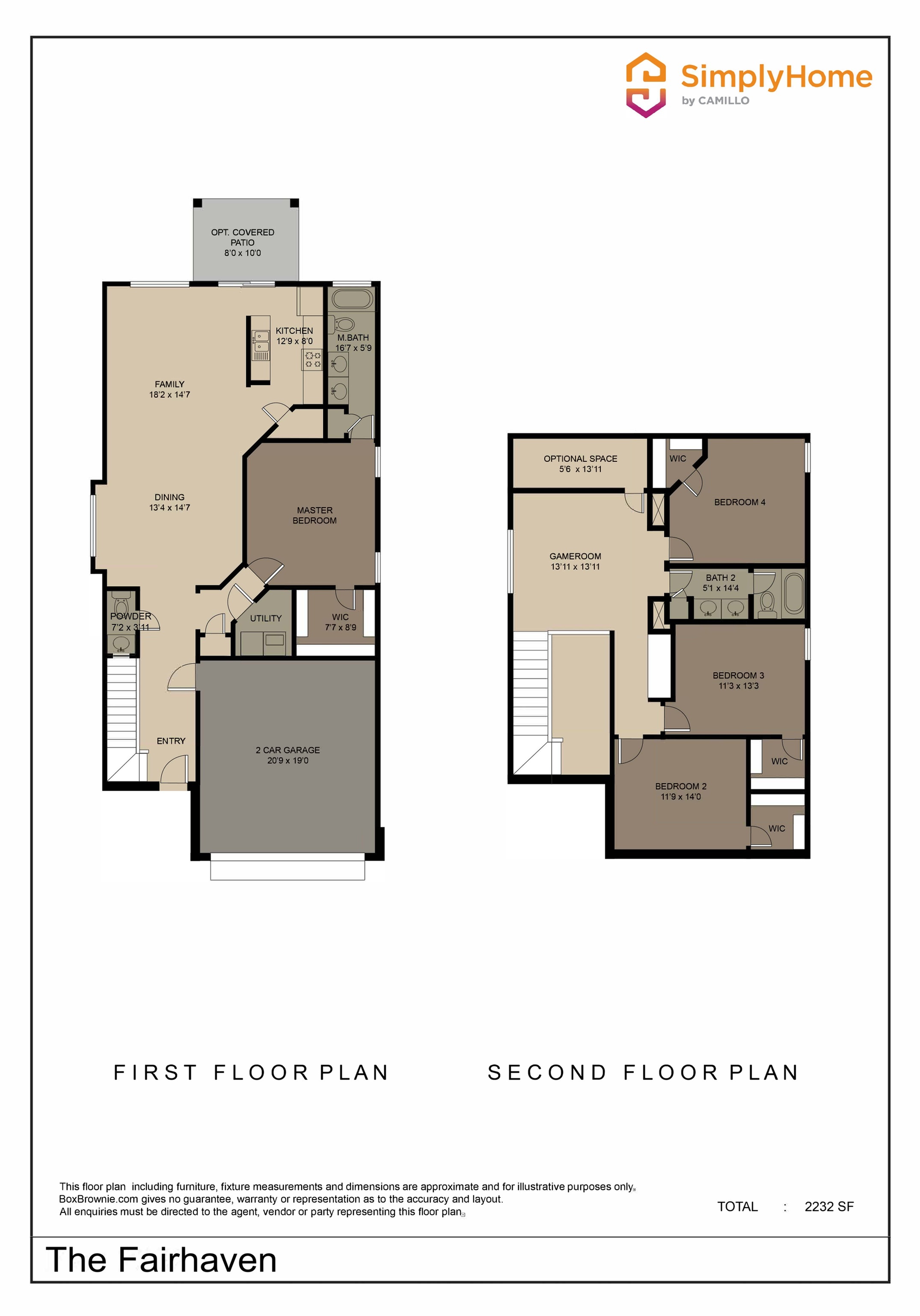 The Fairhaven floor plan showcasing a spacious two-story design with 4 bedrooms, a gameroom, and a large family area, perfect for entertaining.