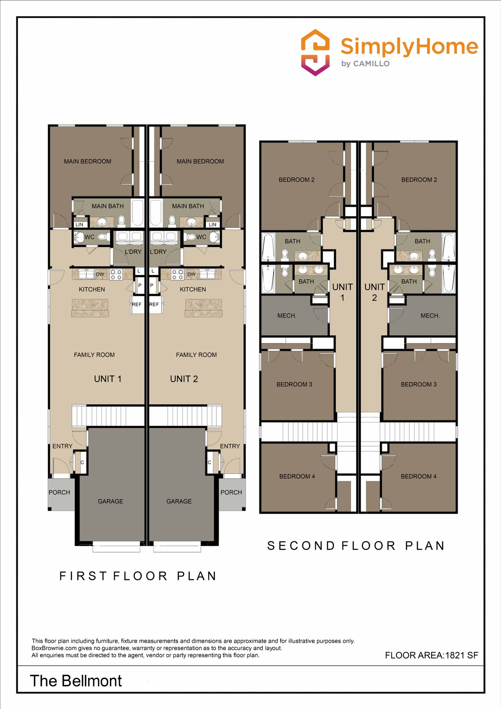 Modern two-story floor plan of The Bellmont showcasing 4 bedrooms, spacious family room, and dual kitchens; featuring garage access and elegant bathrooms, perfect for a stylish and comfortable lifestyle.