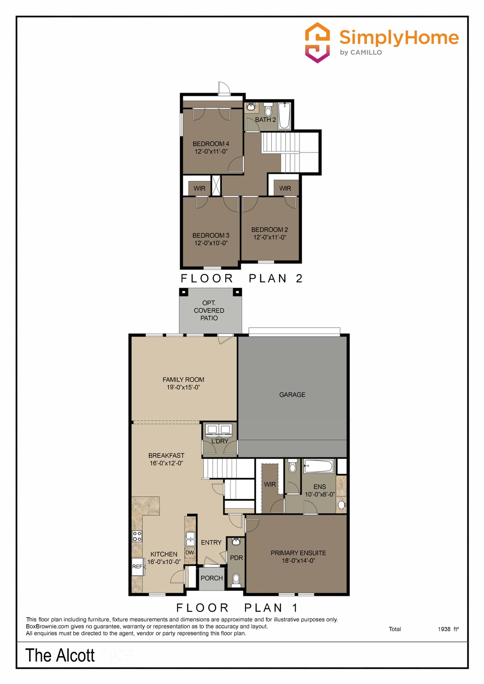 The Alcott floor plan showcasing 4 spacious bedrooms, open kitchen with breakfast area, inviting family room, garage, covered patio option, and primary ensuite spread across two floors, totaling 1938 sq ft.