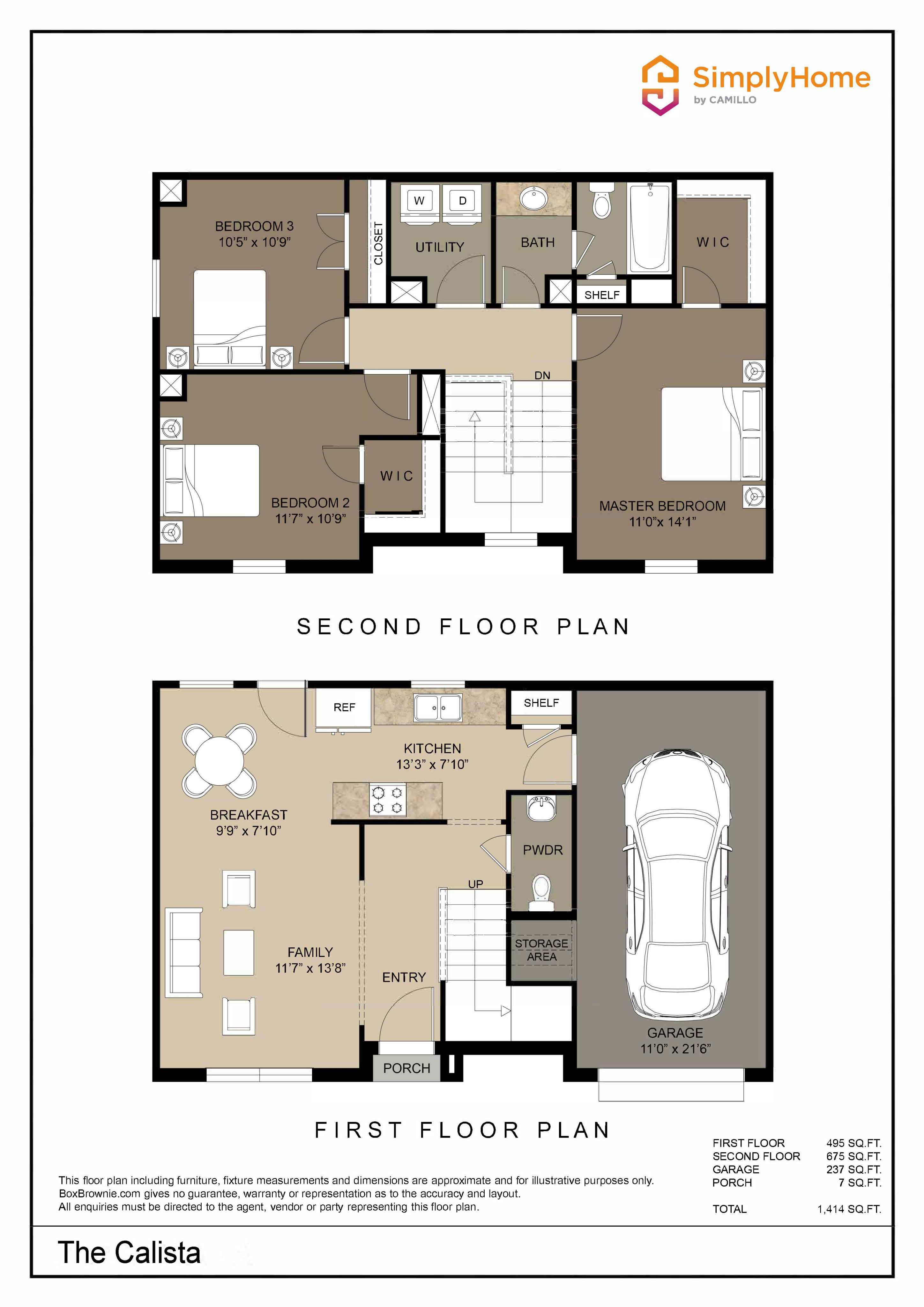The Calista 2D floor plan showcasing a modern two-story design with three bedrooms, spacious family area, stylish kitchen, and attached garage.