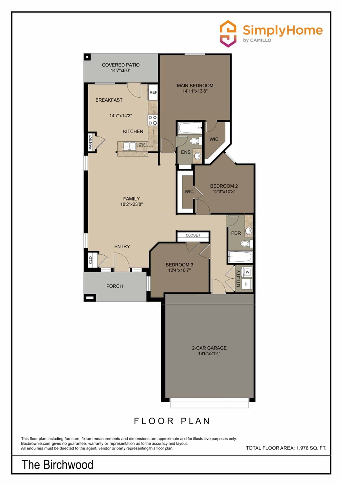 Charming floor plan of The Birchwood, showcasing 3 cozy bedrooms, an open family area, a sleek kitchen with breakfast nook, convenient utility room, and a spacious 2-car garage, totaling 1,978 sq ft.