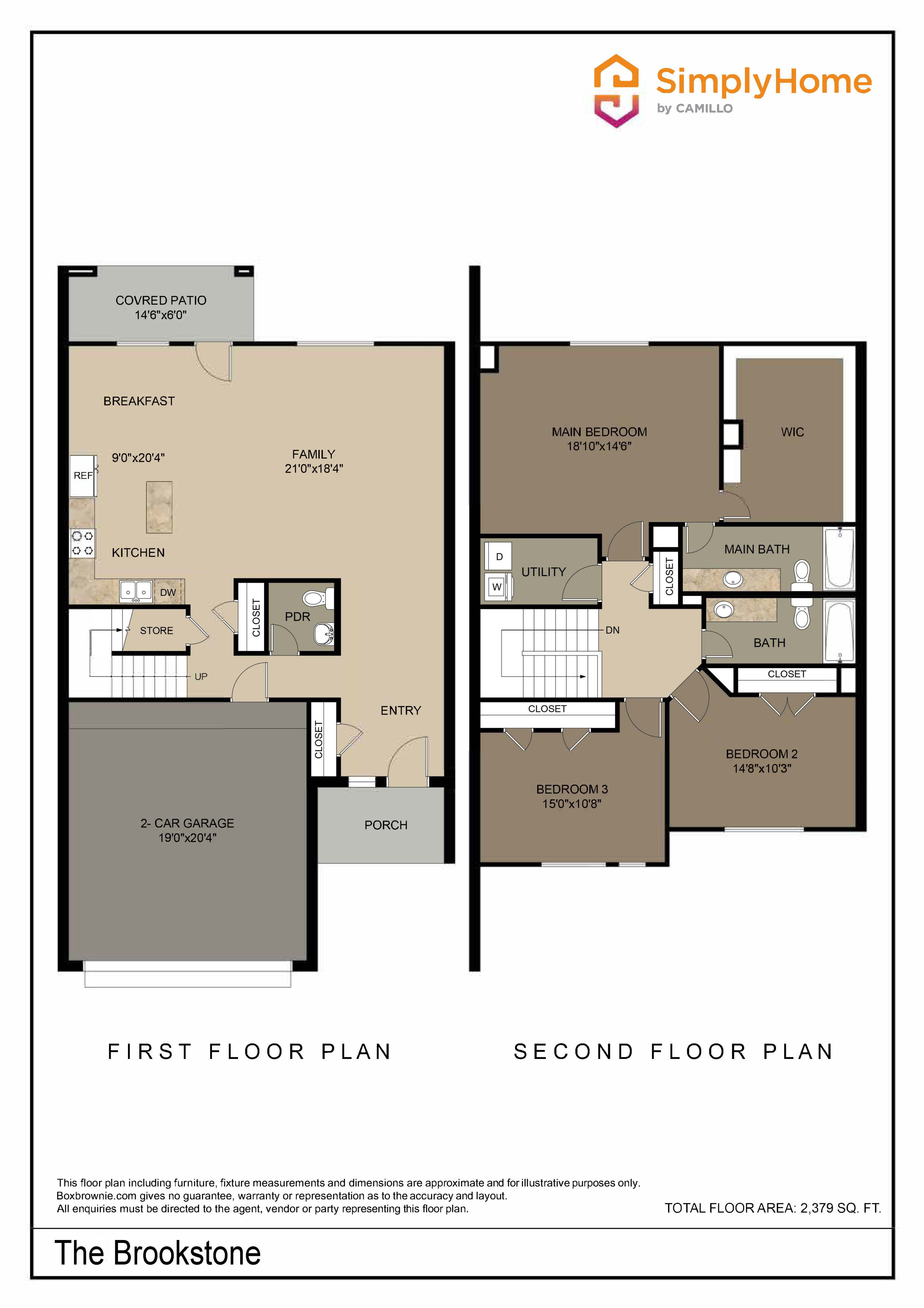 Modern two-story floor plan of The Brookstone featuring 3 bedrooms, spacious family area, and a covered patio.