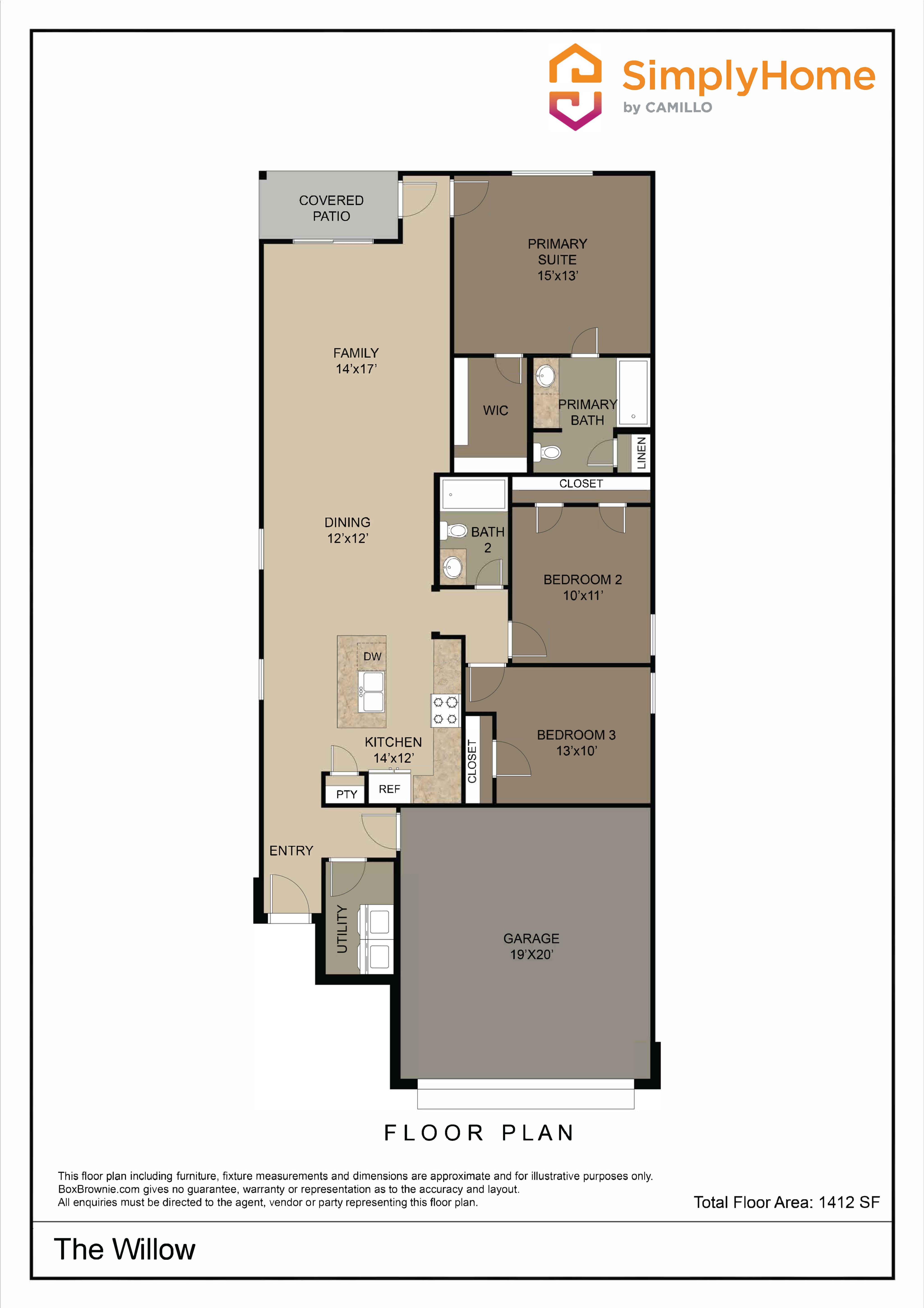 The Willow floor plan showcasing a modern layout with 3 bedrooms, open family area, spacious kitchen, and a covered patio, totaling 1412 sq ft.