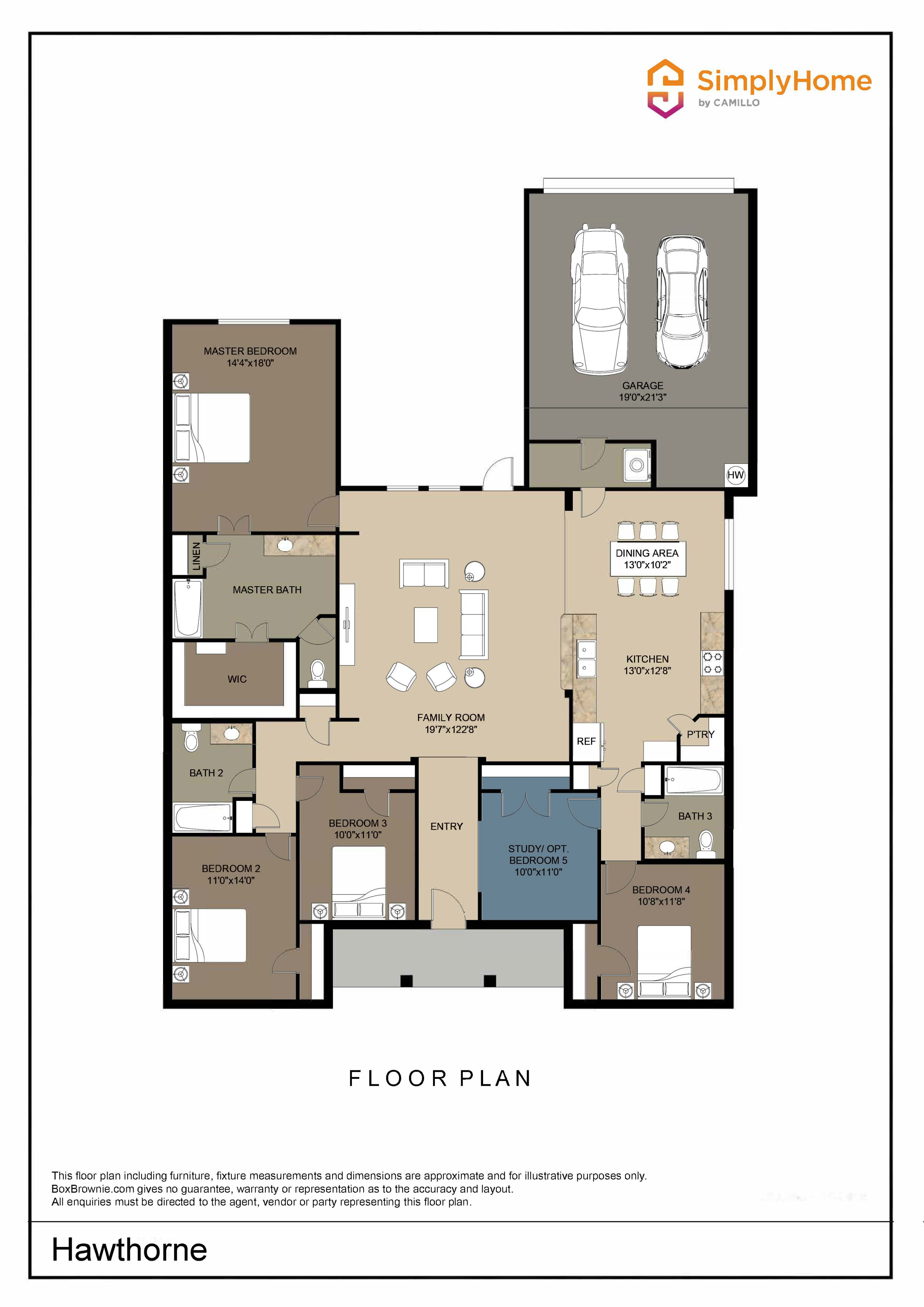 Hawthorne floor plan showcasing a 5-bedroom layout with an expansive family room, modern kitchen with dining area, and a double garage.