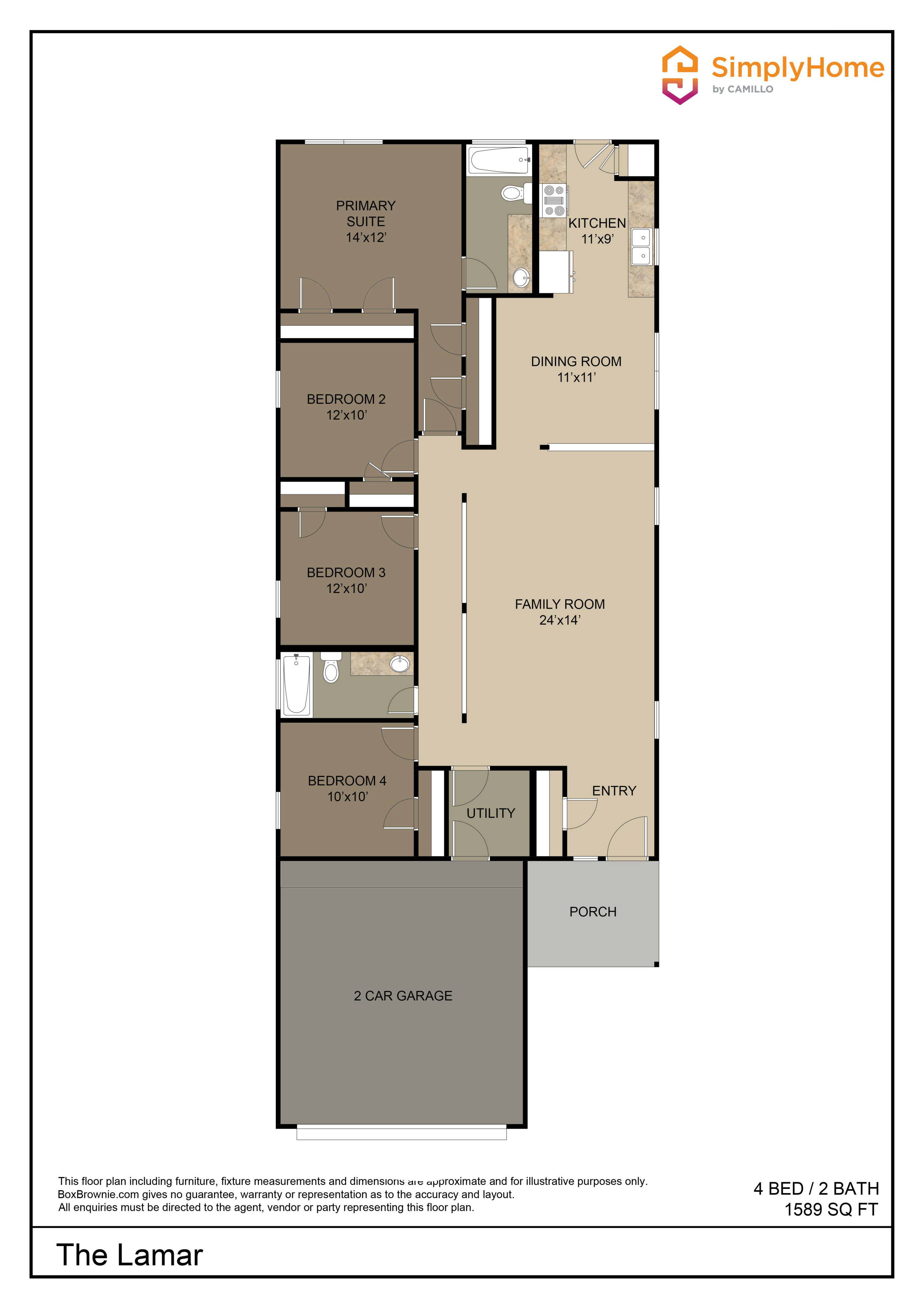 The Lamar floor plan showcasing a modern 4 bedroom, 2 bath layout with a spacious family room, dining room, and a well-appointed kitchen. Includes a 2-car garage and utility room, totaling 1589 sq ft.