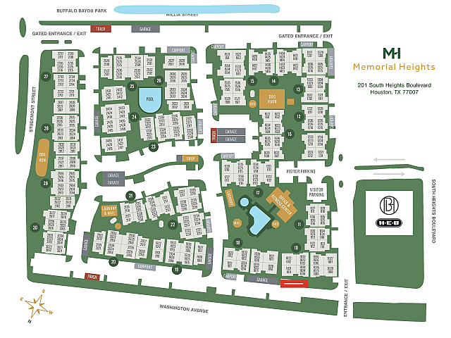 Charming apartment complex layout at Memorial Heights, featuring a lush pool area, convenient dog park, fitness center, and proximity to Buffalo Bayou Park in Houston, TX.