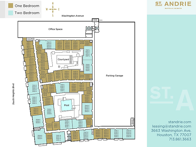 Modern floor plan of St. Andrie apartments at Buffalo Heights featuring a mix of one and two-bedroom units, with amenities like a central pool and courtyard surrounded by vibrant living spaces in Houston, Texas.
