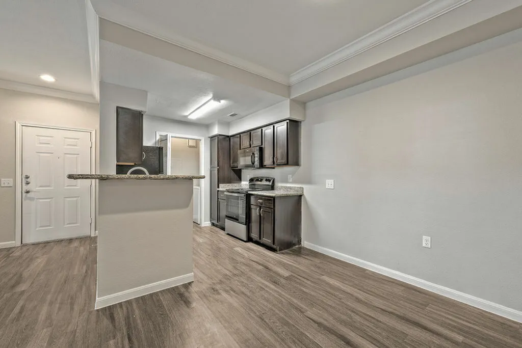 Modern apartment interior featuring sleek kitchen with granite countertops, elegant dark cabinetry, spacious entryway, and stylish laminate flooring.
