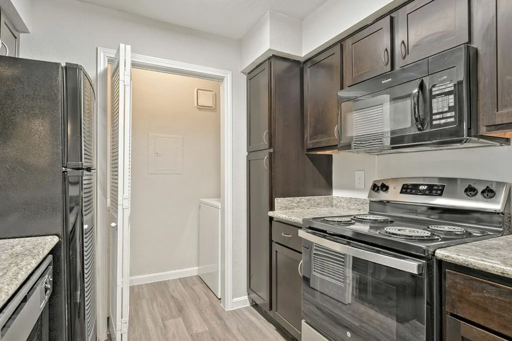 Modern kitchen with sleek granite countertops, stainless steel appliances, and elegant dark wood cabinetry.