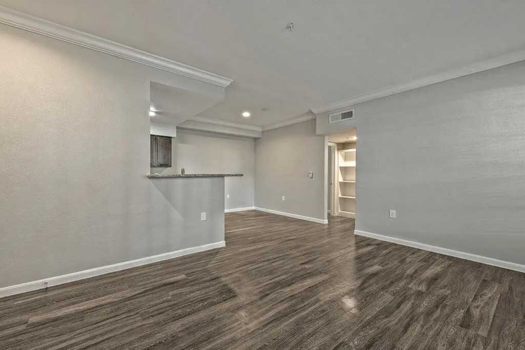 Modern open-plan living area with stylish wood flooring and sleek kitchen countertop, perfect for entertaining.