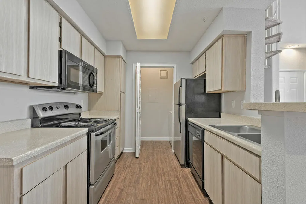 Modern kitchen with sleek countertops, stainless steel appliances, and ample cabinetry, perfect for culinary enthusiasts.