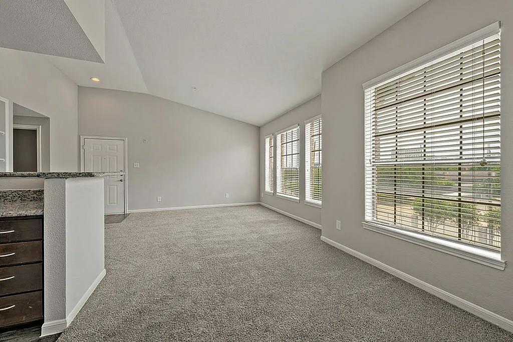 Bright and spacious living area with plush carpet, large windows, and modern finishes.