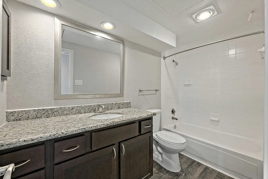 Modern bathroom with sleek granite countertop, elegant mirror, and a pristine white bathtub.
