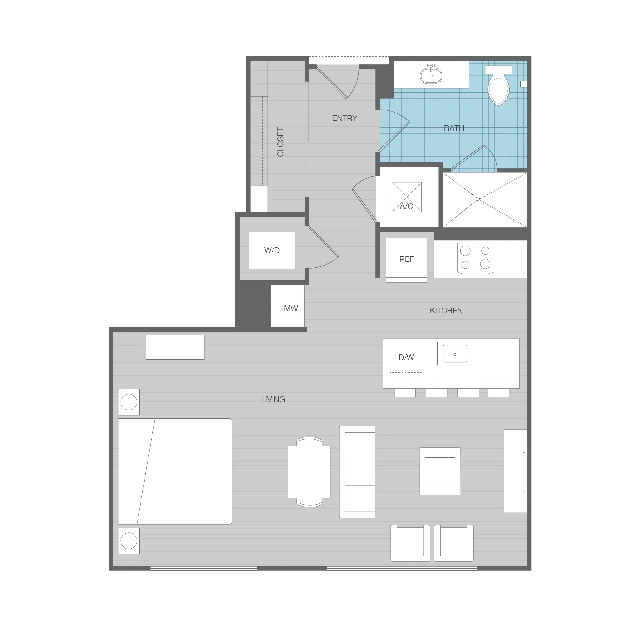 Modern studio apartment floor plan with an open living area, efficient kitchen, and a well-designed bathroom.
