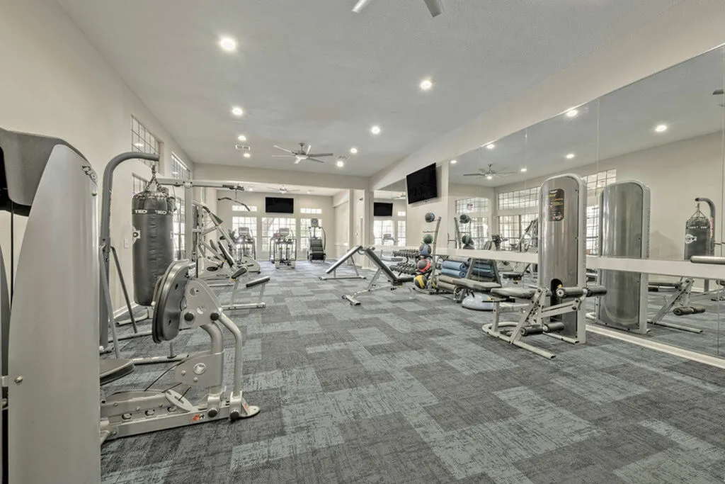 Modern fitness center with state-of-the-art equipment and spacious interiors, perfect for a complete workout experience.