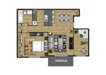 Modern floor plan showcasing a spacious one-bedroom apartment with an open-concept kitchen and living area, including a stylish dining space and private balcony.