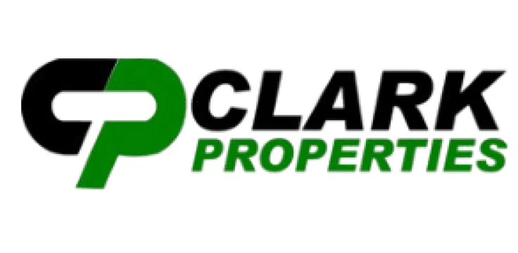 Clark Properties logo with bold black lettering and a modern green emblem.