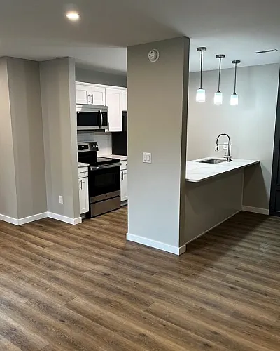 Modern kitchen with sleek countertops, stainless steel appliances, and ambient lighting on elegant hardwood flooring.