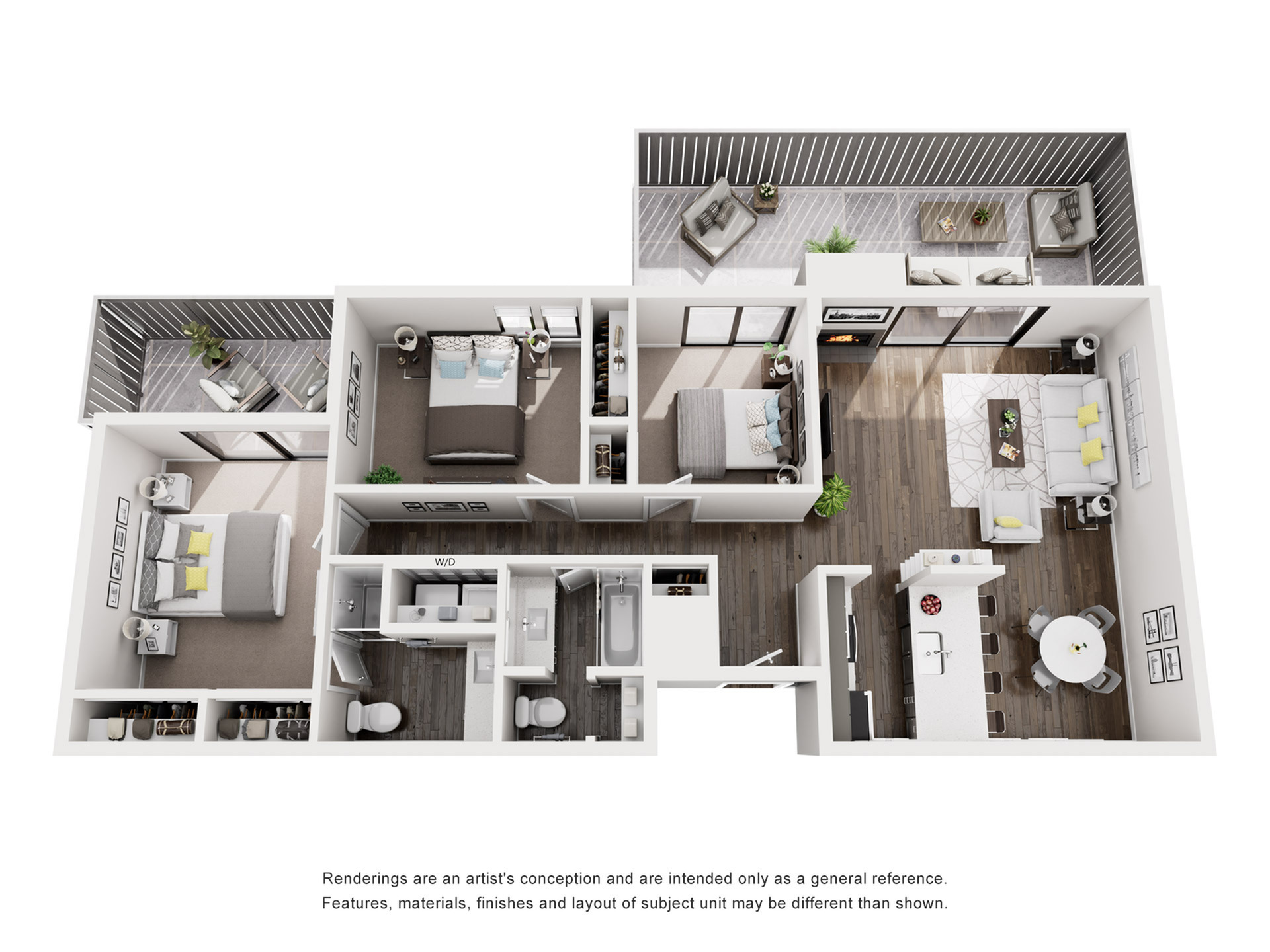 Sophisticated 3D floor plan featuring 3 bedrooms, an open living and dining area, and a modern kitchen.