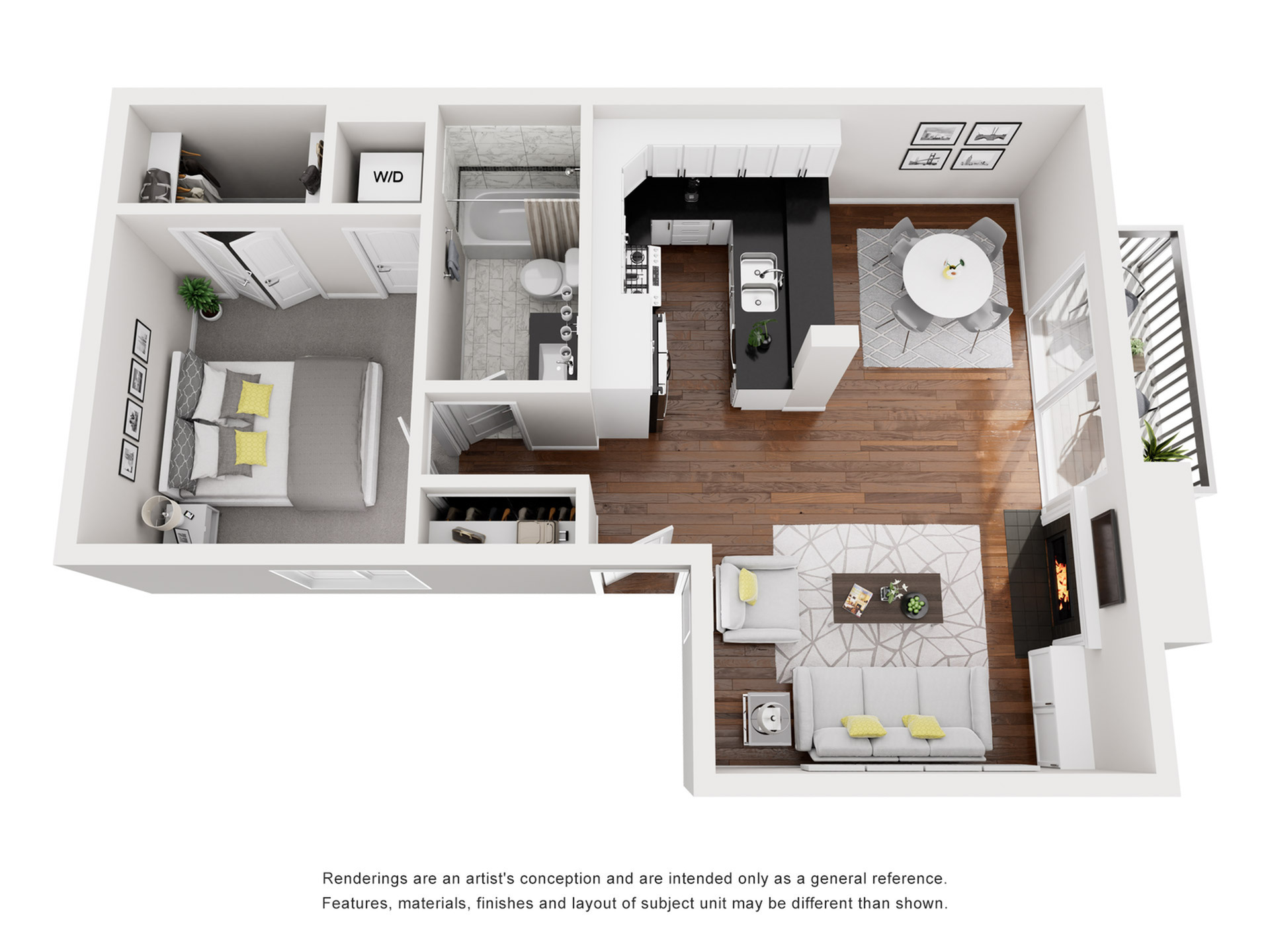Elegant 3D floor plan showcasing a one-bedroom apartment with modern kitchen, cozy living area, and balcony.