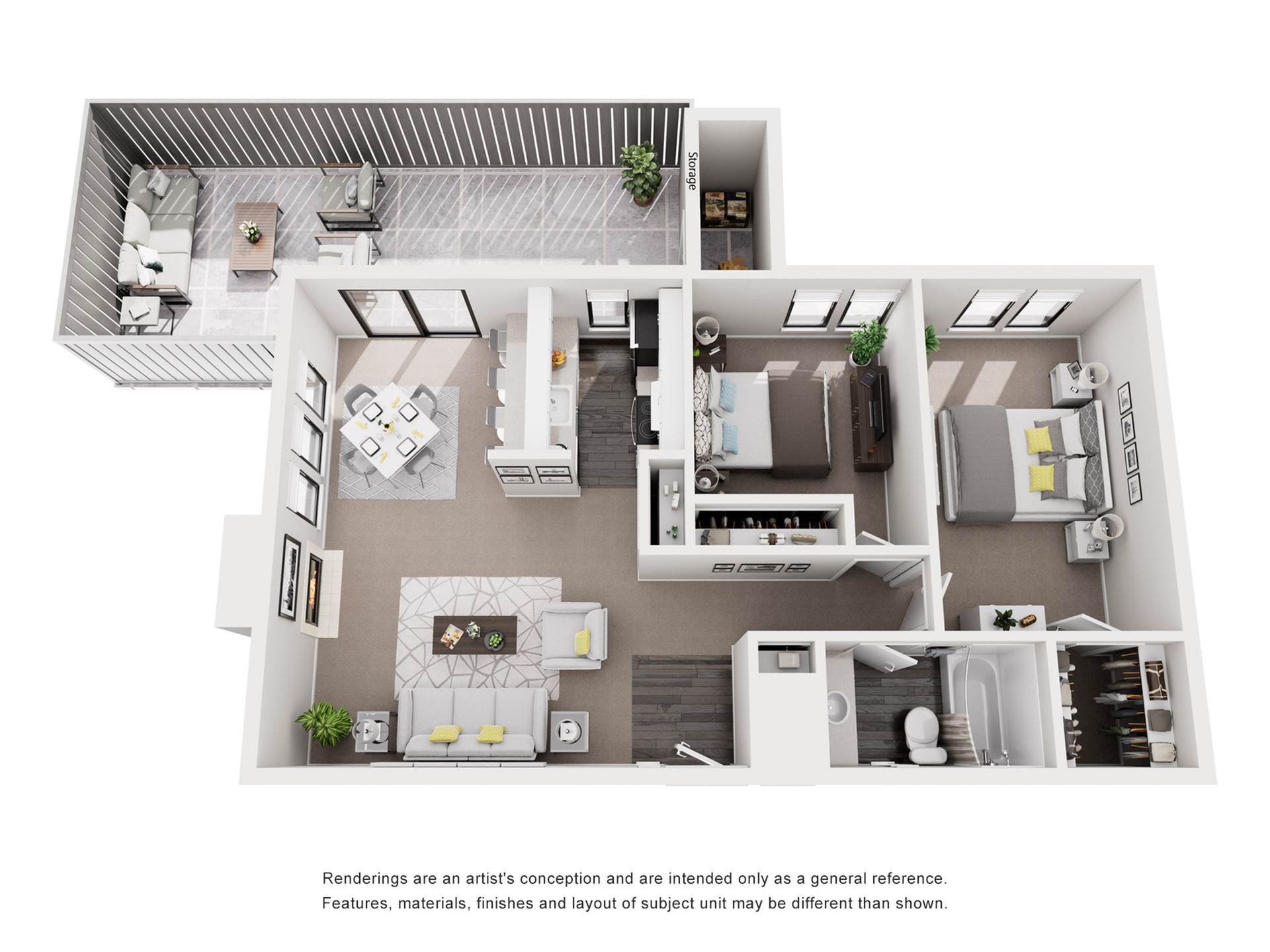 3D floor plan of a two-bedroom apartment featuring a spacious living room, modern kitchen, and a large balcony.