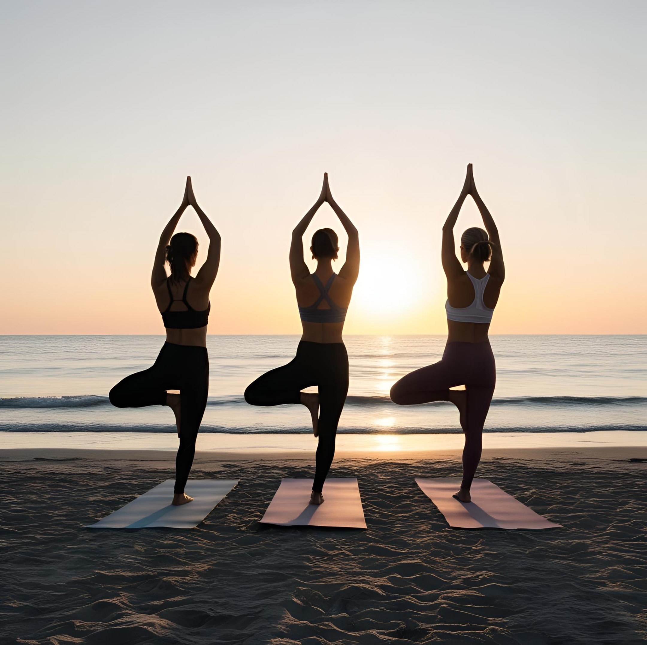 Outdoor lounge area near The DeSOTA featuring people doing yoga on a beach in a relaxing ambiance for wellness and recreation.