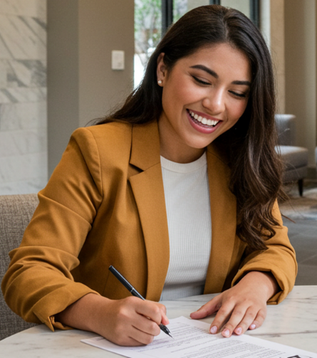 A smiling woman in a blazer sits at a table, happily signing a new apartment lease at The DeSOTA in Downtown Sarasota with a pen. She appears engaged and content in a professional, brightly lit indoor setting featuring modern decor.