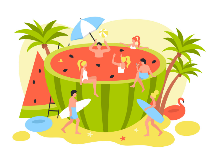 Vibrant vector art depicting a beach party scene with watermelons, sunbathers, and waves, celebrating summer vibes.