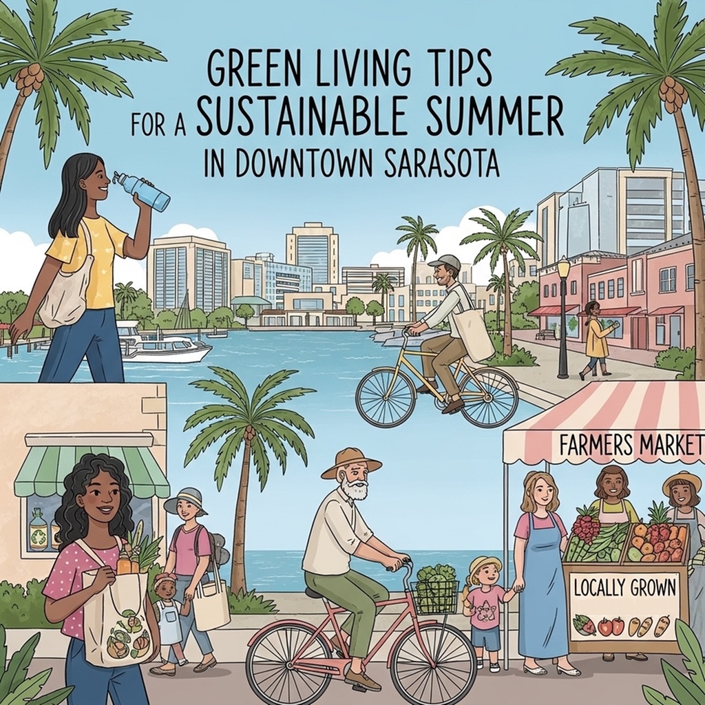 Cartoon illustration of sustainable summer practices in Downtown Sarasota, including reusable items, biking, and a farmers market scene.