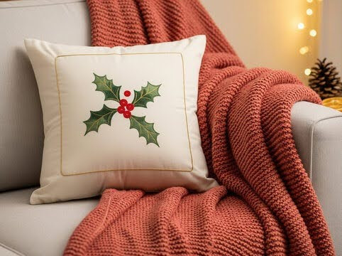A close-up of a festive throw pillow embroidered with holly, sitting on a terracotta-colored knit blanket on a sofa in a DeSOTA apartment. 