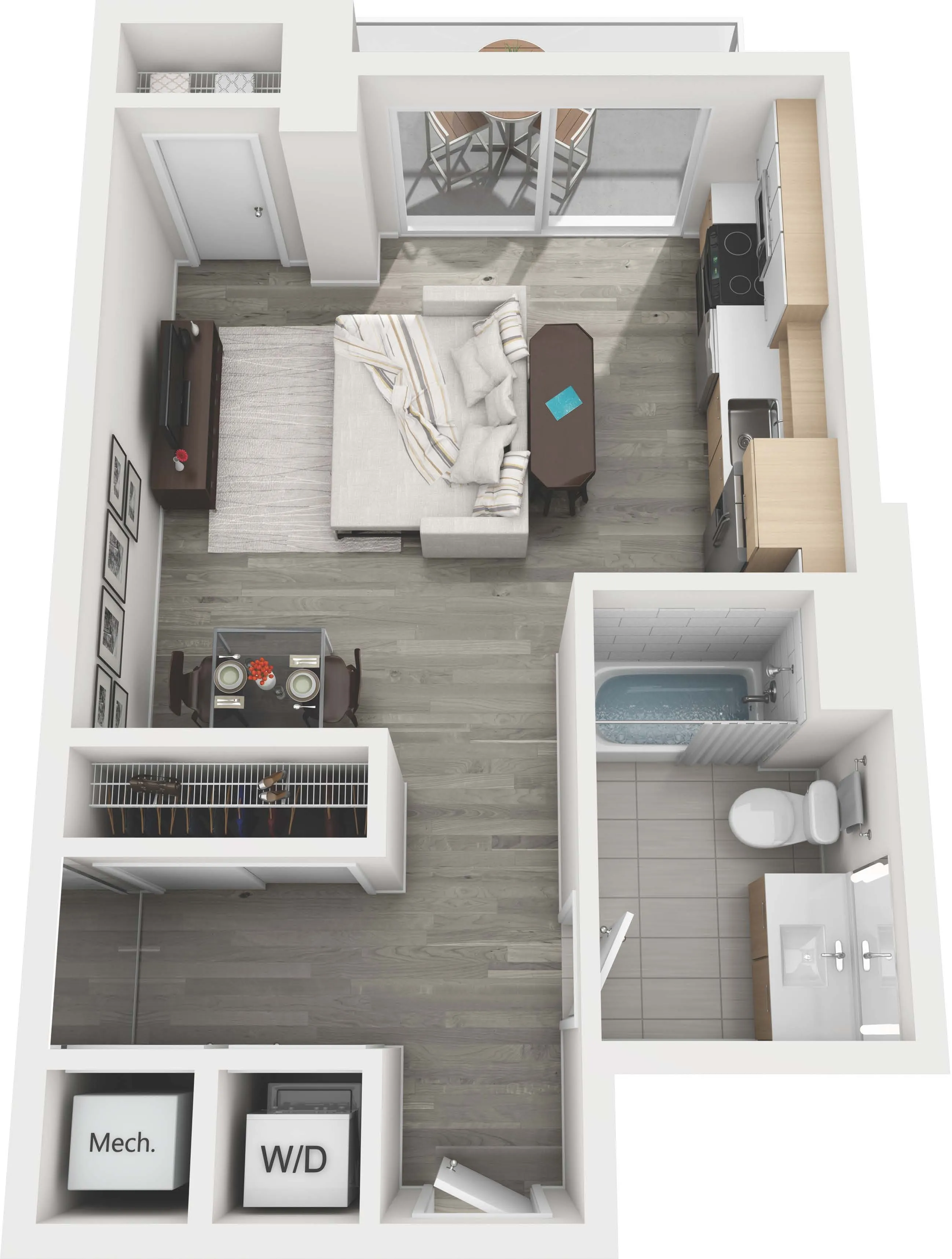 Modern open-concept apartment floor plan featuring a cozy living area, sleek kitchen, intimate dining space, and elegant bathroom.